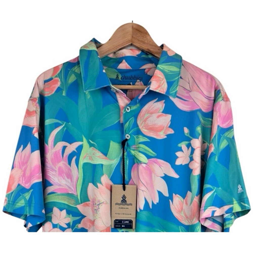 Chubbies "Stop & Smell the Roses" Men's XL Performance Polo Shirt - Bright Blue